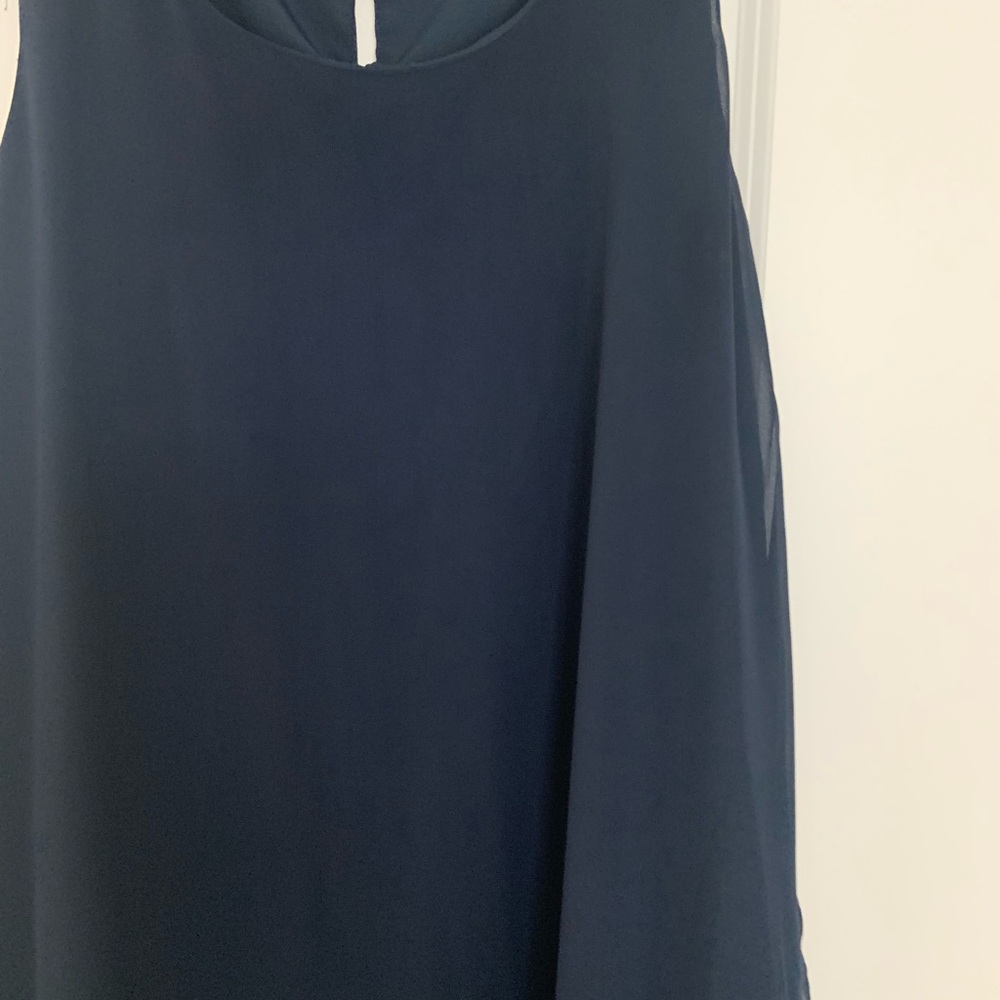 NWT Navy polyester sheer longer back dress with front sheer drape. - Picture 4 of 5